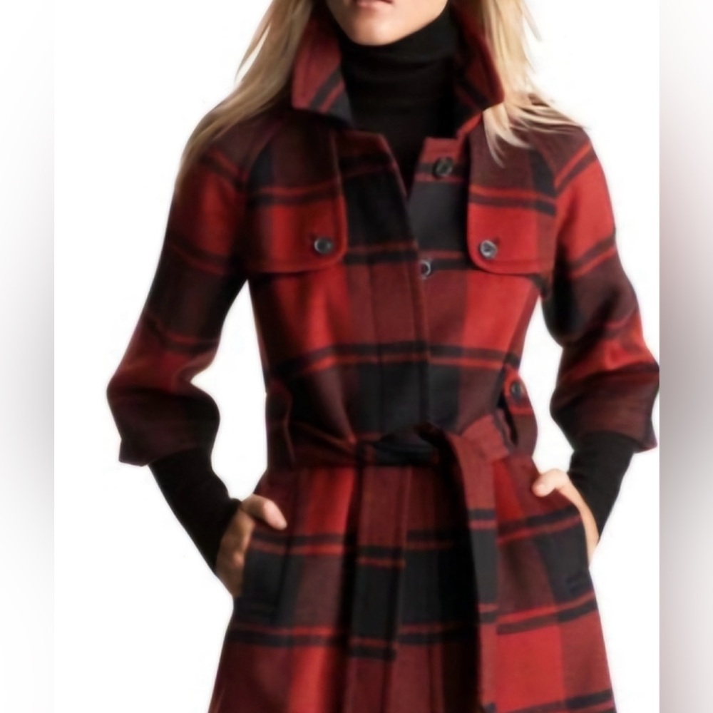 GAP Red and Black Plaid Wool Belted Coat